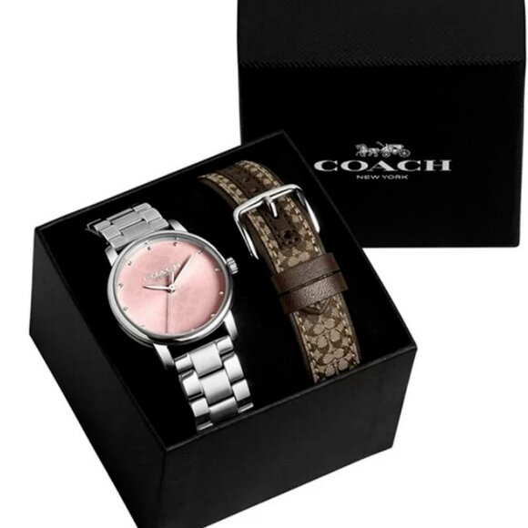 COACH 14000088 GRAND PINK LOGO DIAL SILVER STAINLESS WOMENS WATCH GIFT SET - Picture 1 of 4